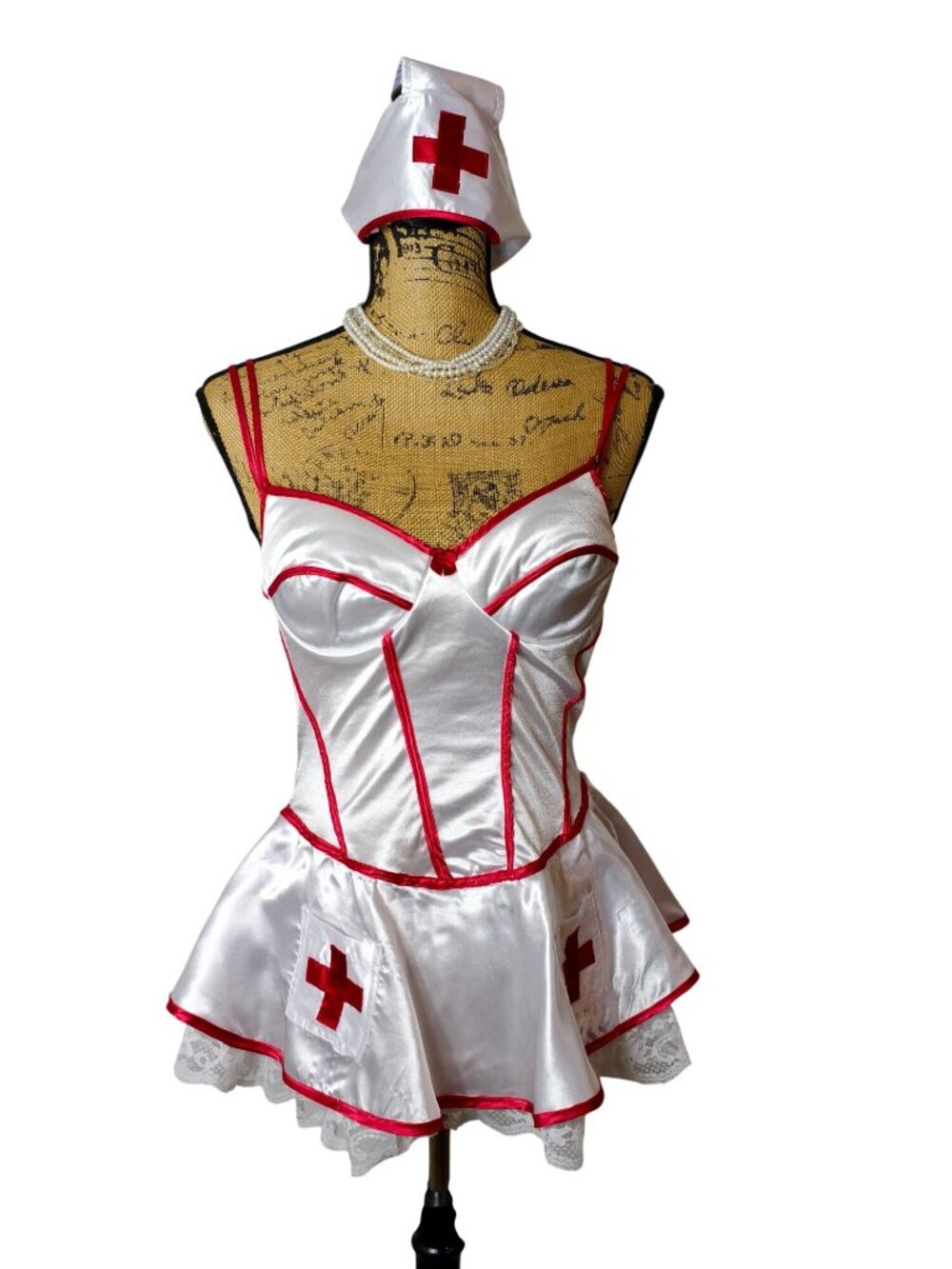 Tarea M Sexy Nurse Costume White Red Satin Corset Dress With Hat